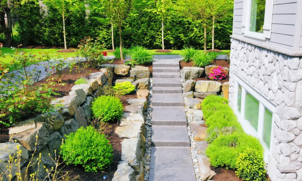 Stone stairway with rocks on either side, mulch, and greenery.